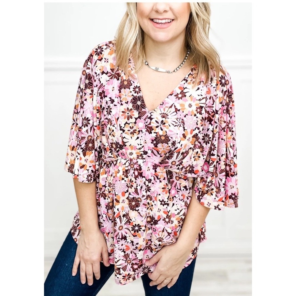 Dear Scarlett Dreamer Blouse Pink Floral Kimono Sleeve Peplum Waist V Neck Sz 2X